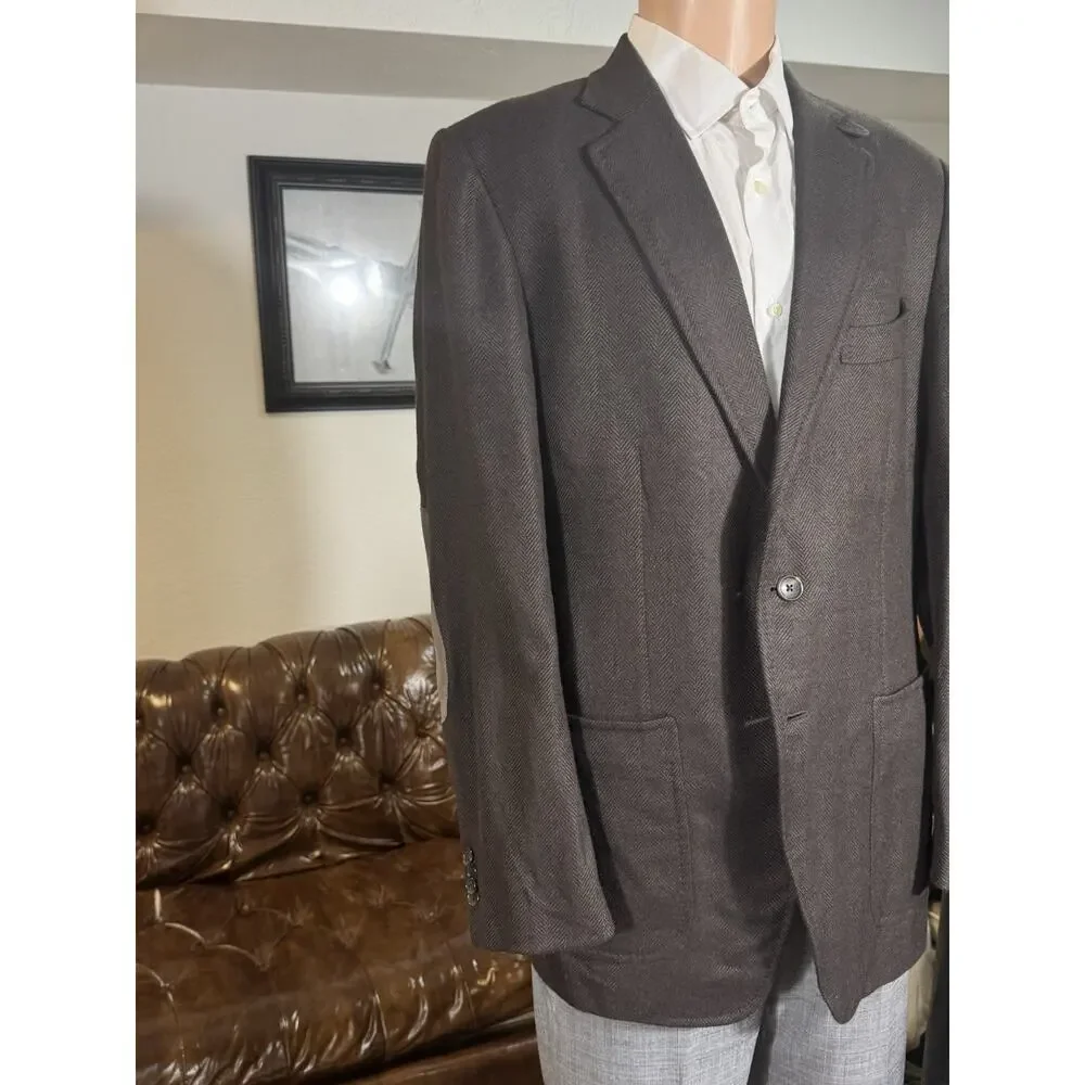 Tom Ford Brown Flannel Cashmere Herringbone Suede Storm Collar Blazer 54 44R